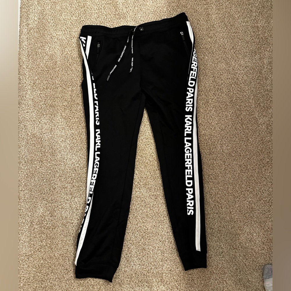 Like New! $110 Karl Lagerfeld Paris Black Joggers with White Stripes sz L - Picture 10 of 15